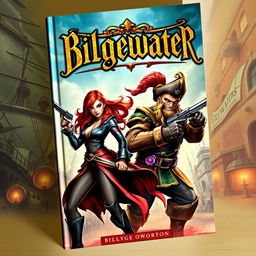 A thrilling fantasy book cover showcasing Miss Fortune and Gangplank in a dramatic standoff, set against the backdrop of the bustling and chaotic city of Bilgewater