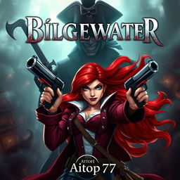 An exciting and tension-filled fantasy book cover featuring Miss Fortune prominently in the foreground, exuding confidence and allure with her dual pistols ready, her vibrant red hair flowing