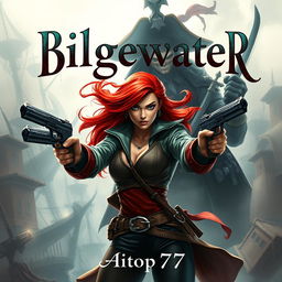 An exciting and tension-filled fantasy book cover featuring Miss Fortune prominently in the foreground, exuding confidence and allure with her dual pistols ready, her vibrant red hair flowing