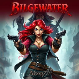 An exciting and tension-filled fantasy book cover featuring Miss Fortune prominently in the foreground, exuding confidence and allure with her dual pistols ready, her vibrant red hair flowing