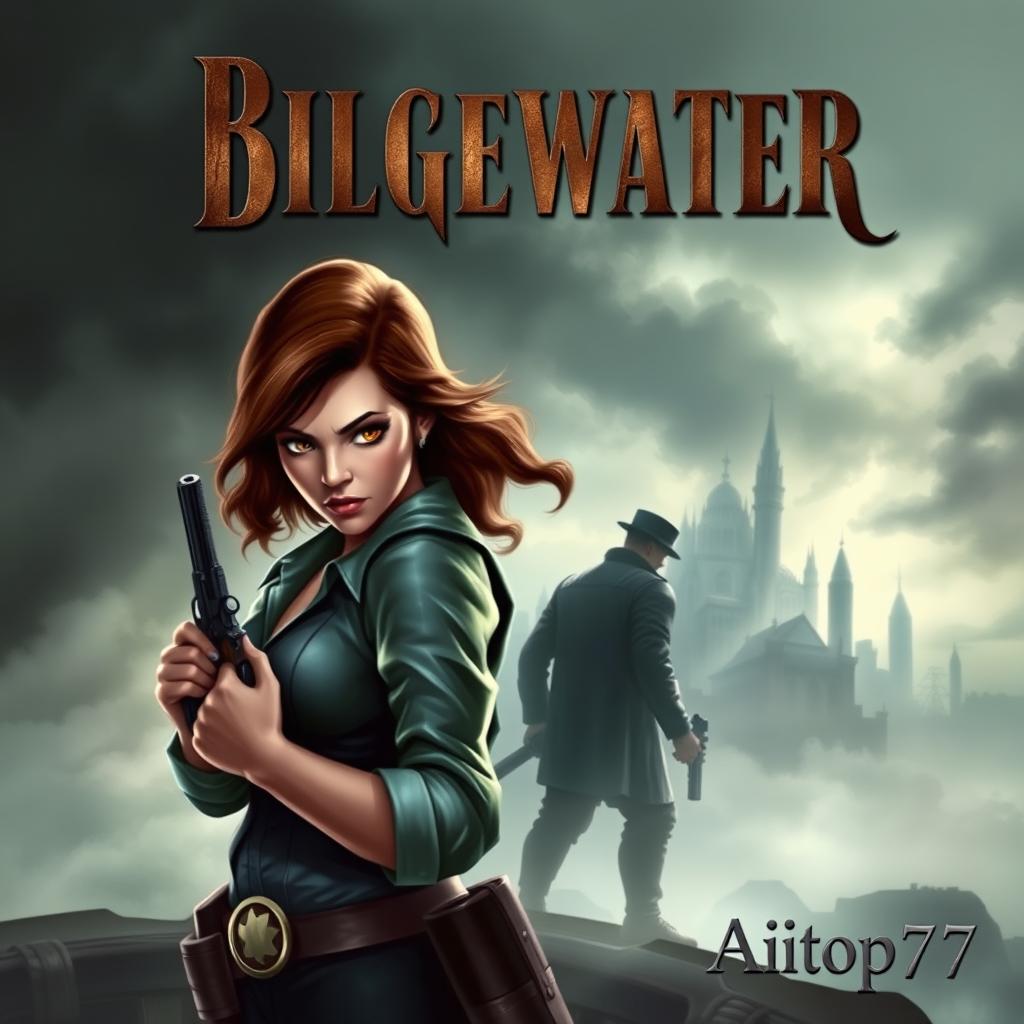 A gripping adventure book cover featuring Miss Fortune in the foreground with a determined look, exuding confidence and strength, her pistols holstered but ready for action