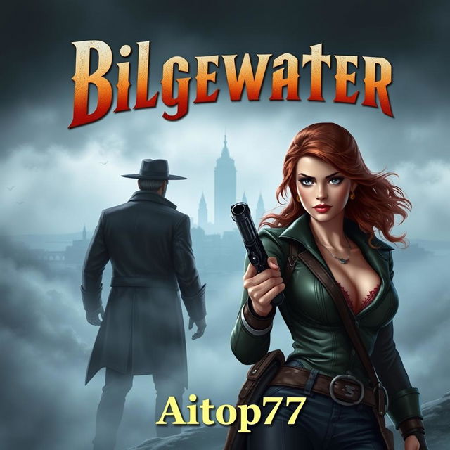 A gripping adventure book cover featuring Miss Fortune in the foreground with a determined look, exuding confidence and strength, her pistols holstered but ready for action