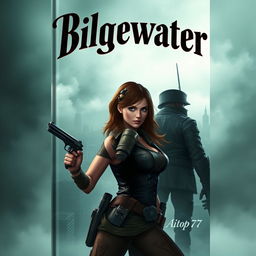 A gripping adventure book cover featuring Miss Fortune in the foreground with a determined look, exuding confidence and strength, her pistols holstered but ready for action