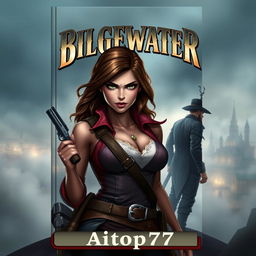 A gripping adventure book cover featuring Miss Fortune in the foreground with a determined look, exuding confidence and strength, her pistols holstered but ready for action