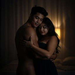 A handsome 19-year-old Indonesian man with an athletic build and pure white skin is seen affectionately hugging a 38-year-old woman