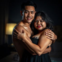 A handsome 19-year-old Indonesian man with an athletic build and pure white skin is seen affectionately hugging a 38-year-old woman