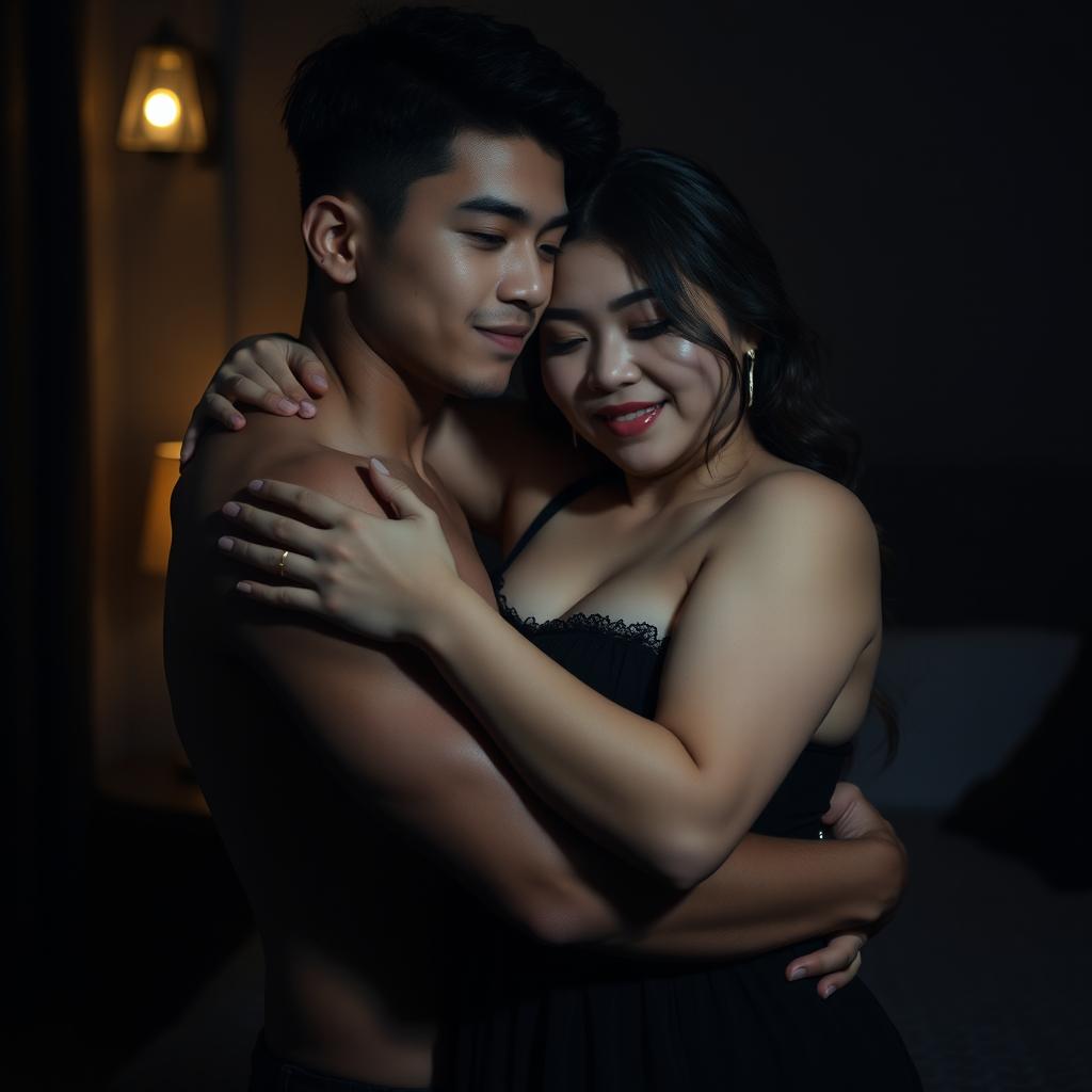 A handsome 19-year-old Indonesian man with an athletic build and pure white skin is seen affectionately hugging a 38-year-old woman