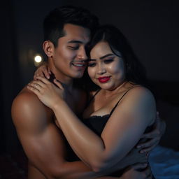 A handsome 19-year-old Indonesian man with an athletic build and pure white skin is seen affectionately hugging a 38-year-old woman