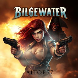 A suspenseful adventure book cover featuring Miss Fortune in the foreground with a determined and fierce expression, her iconic dual pistols at her sides