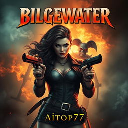 A suspenseful adventure book cover featuring Miss Fortune in the foreground with a determined and fierce expression, her iconic dual pistols at her sides