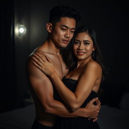 A handsome 19-year-old Indonesian man with an athletic physique and pure white skin tenderly embraces a beautiful 38-year-old woman