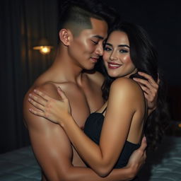 A handsome 19-year-old Indonesian man with an athletic physique and pure white skin tenderly embraces a beautiful 38-year-old woman