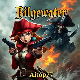 An exhilarating adventure book cover depicting Miss Fortune in the foreground with her signature look and a determined expression, staying true to her original design featuring her characteristic red hat and dual pistols