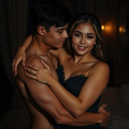 A handsome 19-year-old Indonesian man with an athletic physique and pure white skin tenderly embraces a beautiful 38-year-old woman