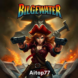 An exhilarating adventure book cover depicting Miss Fortune in the foreground with her signature look and a determined expression, staying true to her original design featuring her characteristic red hat and dual pistols