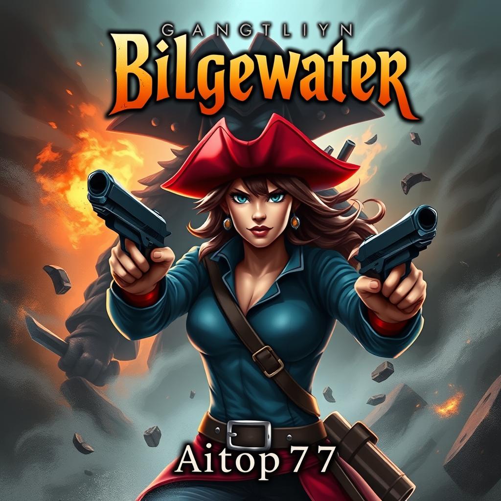 An exhilarating adventure book cover depicting Miss Fortune in the foreground with her signature look and a determined expression, staying true to her original design featuring her characteristic red hat and dual pistols