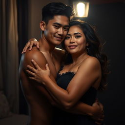 A handsome 19-year-old Indonesian man with an athletic physique and pure white skin tenderly embraces a beautiful 38-year-old woman