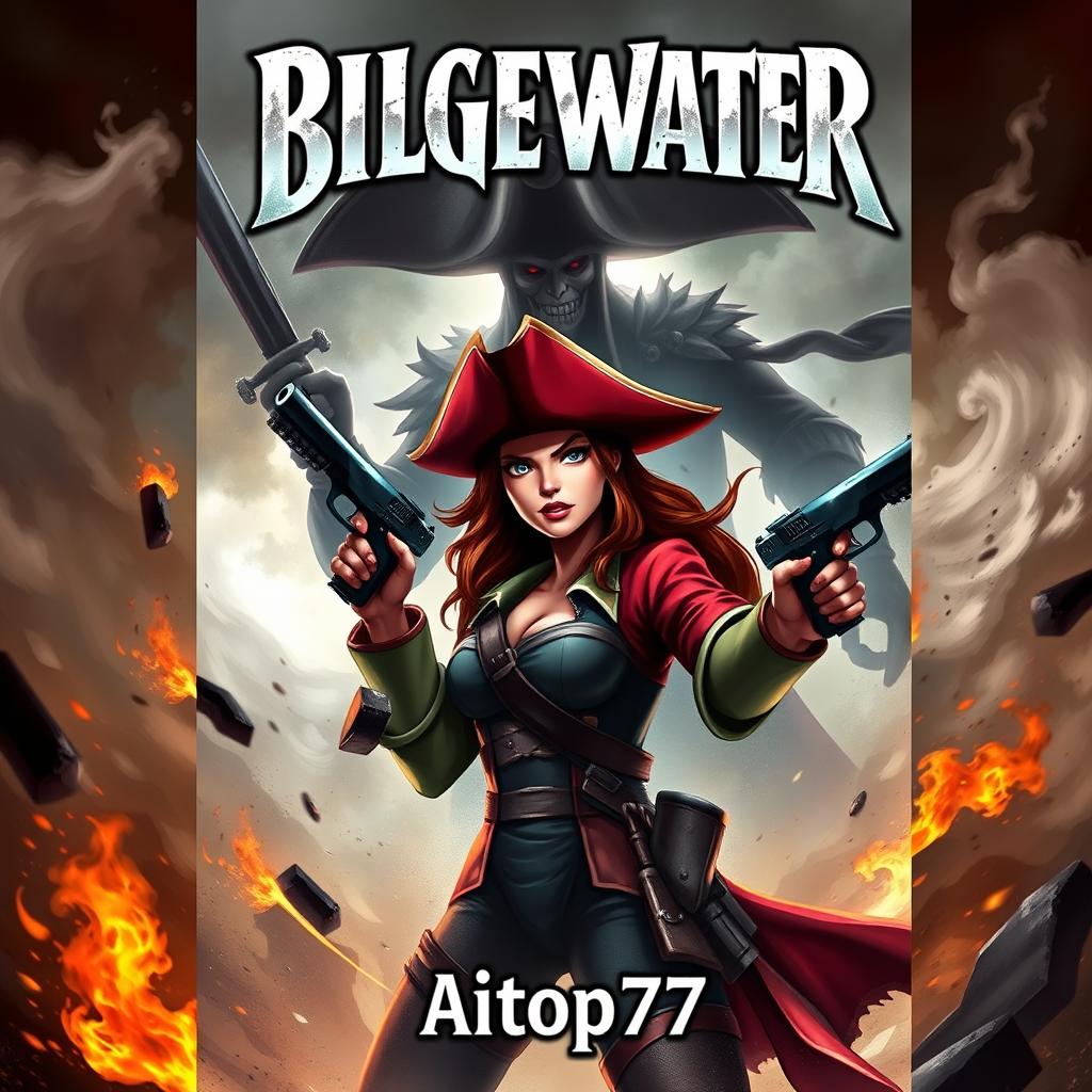 An exhilarating adventure book cover depicting Miss Fortune in the foreground with her signature look and a determined expression, staying true to her original design featuring her characteristic red hat and dual pistols