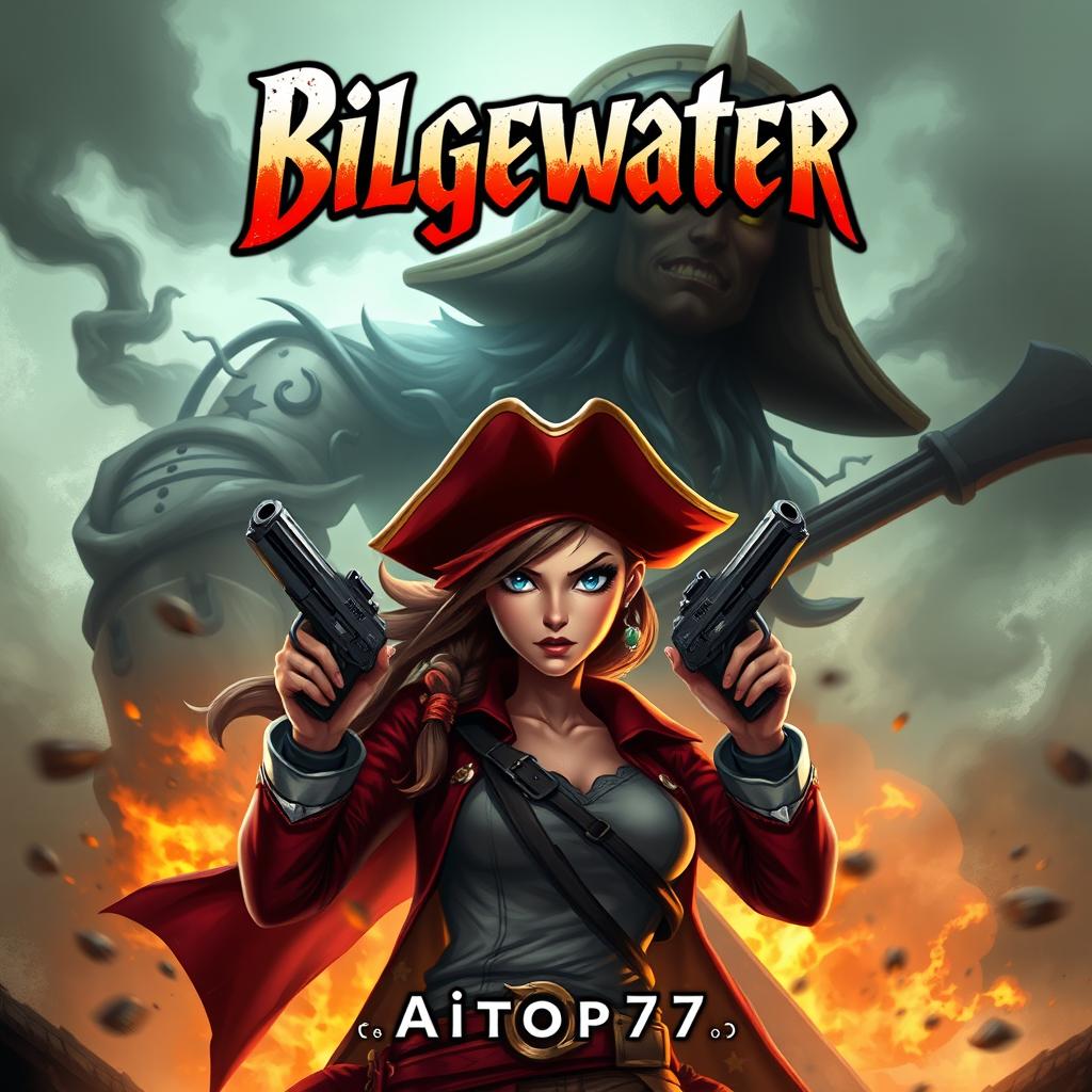 An exhilarating adventure book cover depicting Miss Fortune in the foreground with her signature look and a determined expression, staying true to her original design featuring her characteristic red hat and dual pistols