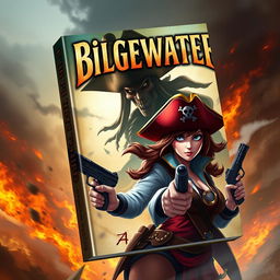 An exhilarating adventure book cover depicting Miss Fortune in the foreground with her signature look and a determined expression, staying true to her original design featuring her characteristic red hat and dual pistols