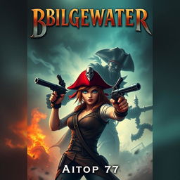 An exhilarating adventure book cover depicting Miss Fortune in the foreground with her signature look and a determined expression, staying true to her original design featuring her characteristic red hat and dual pistols