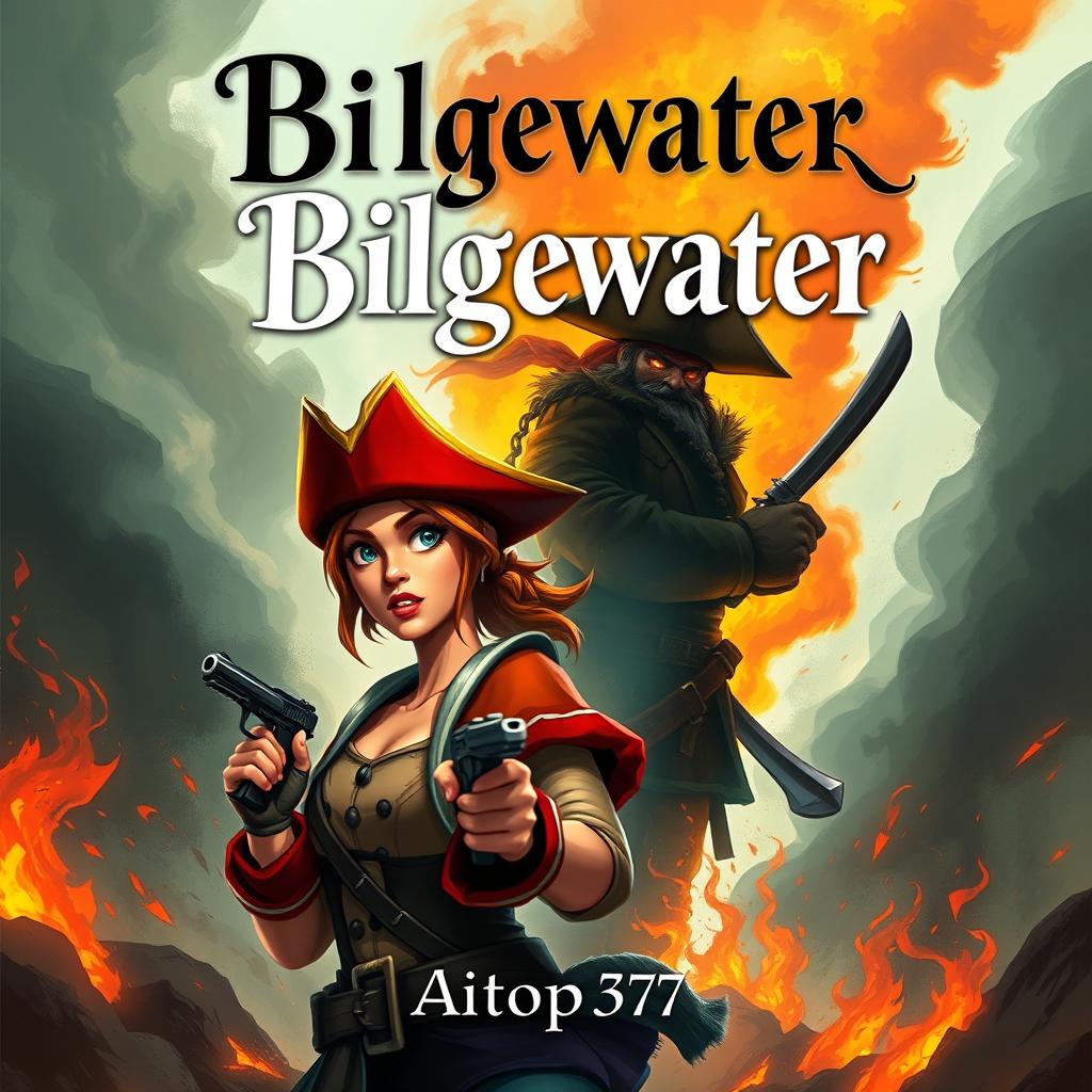 An exciting adventure book cover showcasing Miss Fortune in the foreground with a determined expression, staying true to her signature look with a red hat and pistols