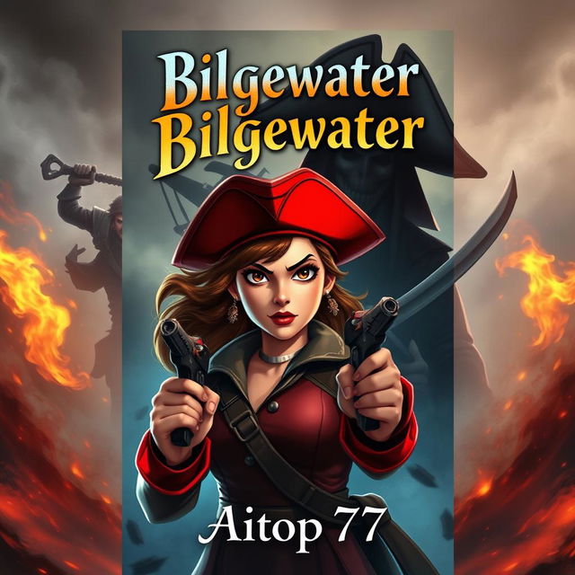 An exciting adventure book cover showcasing Miss Fortune in the foreground with a determined expression, staying true to her signature look with a red hat and pistols