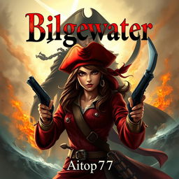 An exciting adventure book cover showcasing Miss Fortune in the foreground with a determined expression, staying true to her signature look with a red hat and pistols