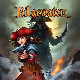 An exciting adventure book cover showcasing Miss Fortune in the foreground with a determined expression, staying true to her signature look with a red hat and pistols