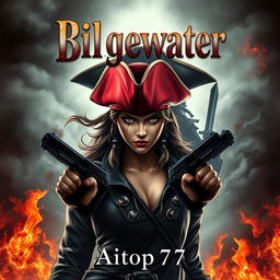 An intense and ominous adventure book cover featuring Miss Fortune in the foreground with a serious and determined expression, capturing her original design with her iconic red hat and dual pistols