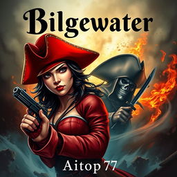 An intense and ominous adventure book cover featuring Miss Fortune in the foreground with a serious and determined expression, capturing her original design with her iconic red hat and dual pistols