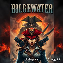 An intense and ominous adventure book cover featuring Miss Fortune in the foreground with a serious and determined expression, capturing her original design with her iconic red hat and dual pistols