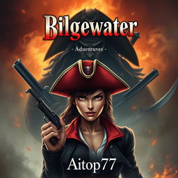 A serious and intense adventure book cover featuring Miss Fortune in the foreground, capturing her original design with a determined gaze, wearing her iconic red hat and dual pistols