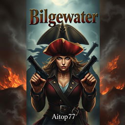 A serious and intense adventure book cover featuring Miss Fortune in the foreground, capturing her original design with a determined gaze, wearing her iconic red hat and dual pistols