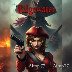 A serious and intense adventure book cover featuring Miss Fortune in the foreground, capturing her original design with a determined gaze, wearing her iconic red hat and dual pistols