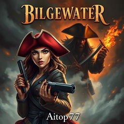 A serious and intense adventure book cover featuring Miss Fortune in the foreground, capturing her original design with a determined gaze, wearing her iconic red hat and dual pistols