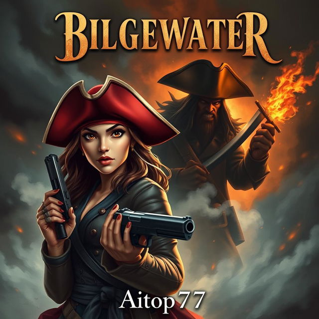 A serious and intense adventure book cover featuring Miss Fortune in the foreground, capturing her original design with a determined gaze, wearing her iconic red hat and dual pistols