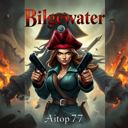 A thrilling adventure book cover featuring Miss Fortune prominently in the foreground with a look of determination, true to her original design with a red hat and dual pistols