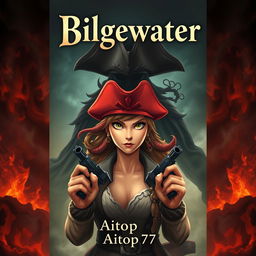 A thrilling adventure book cover featuring Miss Fortune prominently in the foreground with a look of determination, true to her original design with a red hat and dual pistols