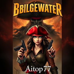 A thrilling adventure book cover featuring Miss Fortune prominently in the foreground with a look of determination, true to her original design with a red hat and dual pistols