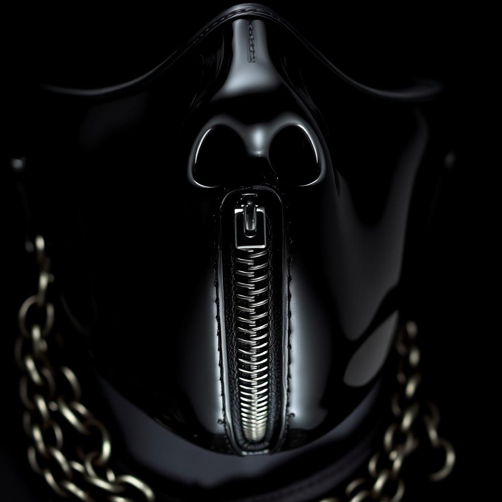 A close-up of a shiny black mask with a zipper for the mouth, complemented by a leather collar and a chain leash