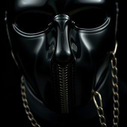 A close-up of a shiny black mask with a zipper for the mouth, complemented by a leather collar and a chain leash