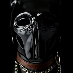 A close-up of a shiny black mask with a zipper for the mouth, complemented by a leather collar and a chain leash