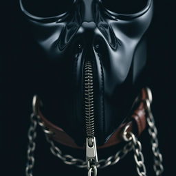 A close-up of a shiny black mask with a zipper for the mouth, complemented by a leather collar and a chain leash