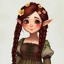 A friendly female halfling with dark reddish brown braided hair adorned with flowers