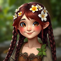 A friendly female halfling with dark reddish brown braided hair adorned with flowers