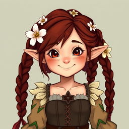 A friendly female halfling with dark reddish brown braided hair adorned with flowers