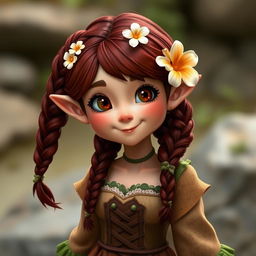 A friendly female halfling with dark reddish brown braided hair adorned with flowers