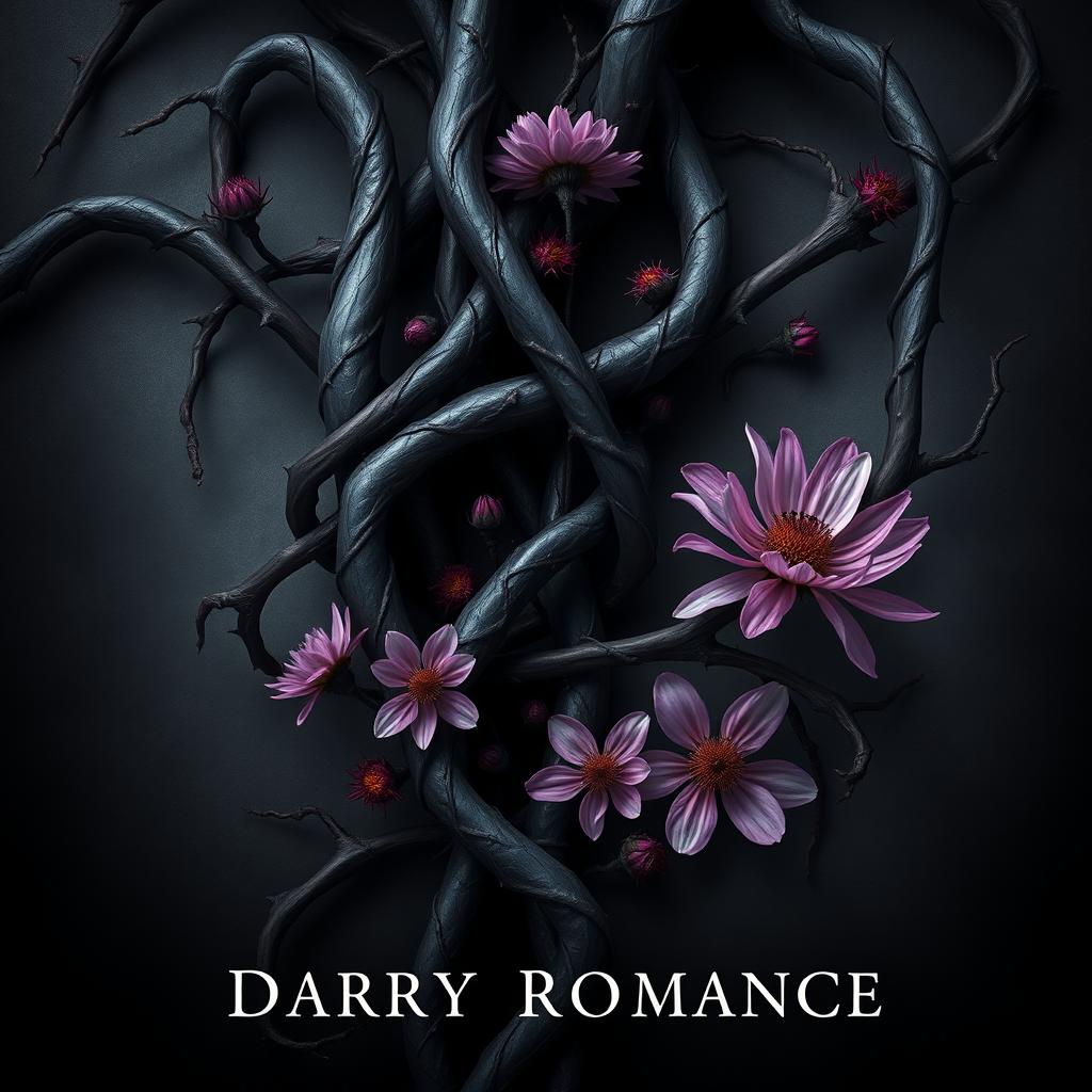 A dark romance book cover featuring twisted veins interwoven with aster flowers and thorns