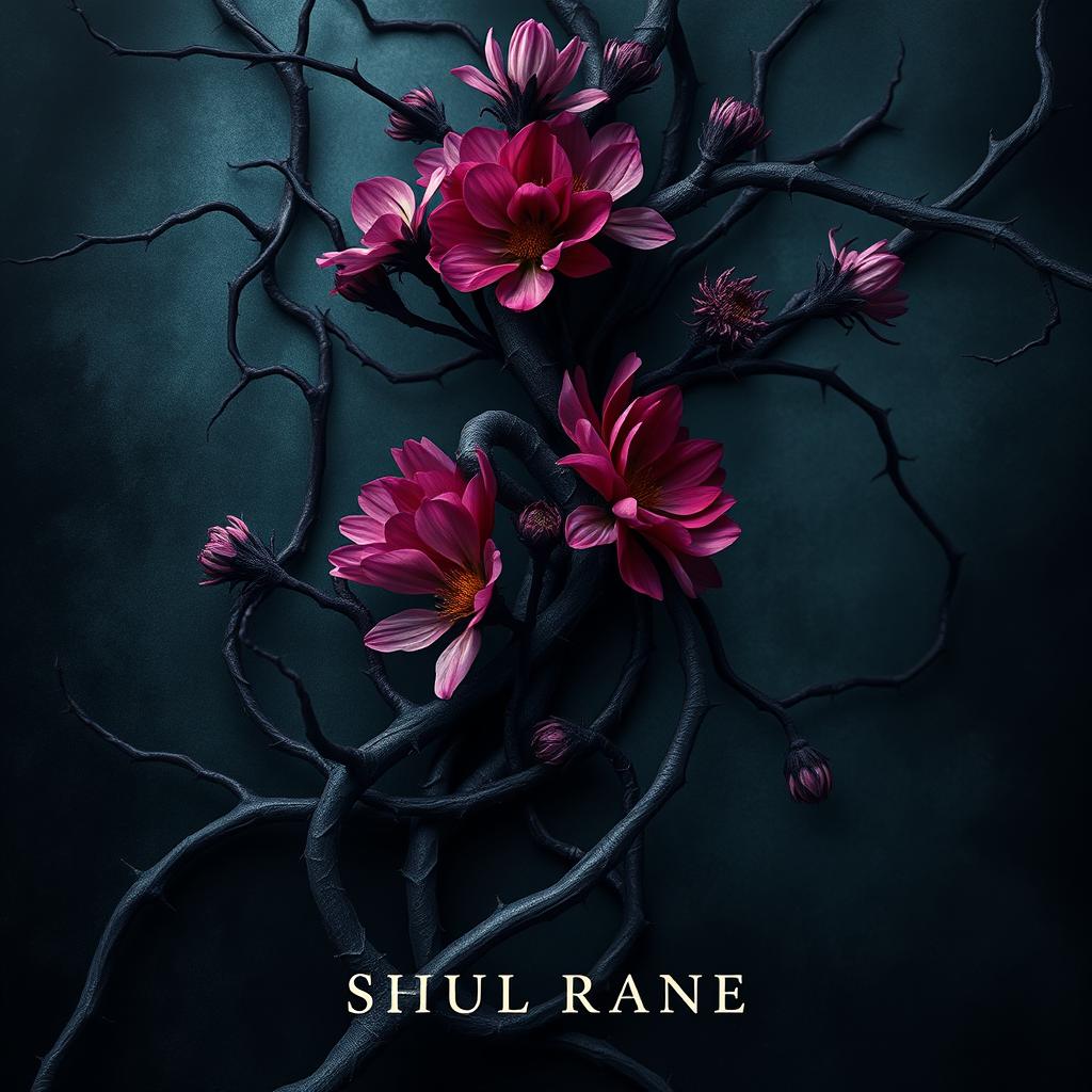 A dark romance book cover featuring twisted veins interwoven with aster flowers and thorns